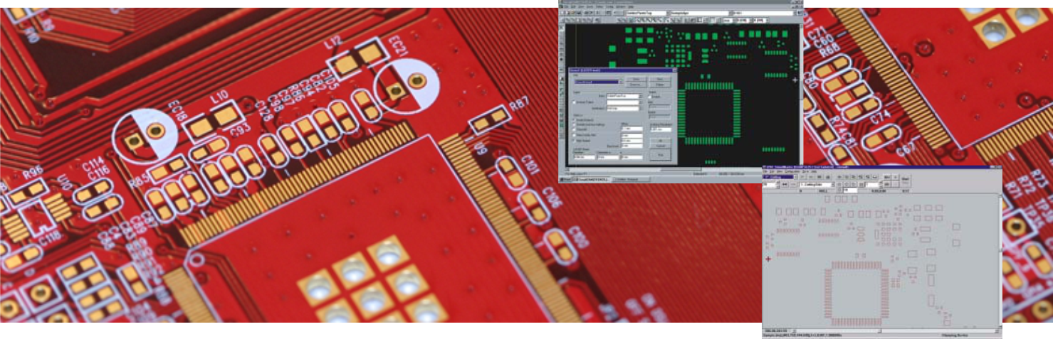 Red PCB with CAM software shots